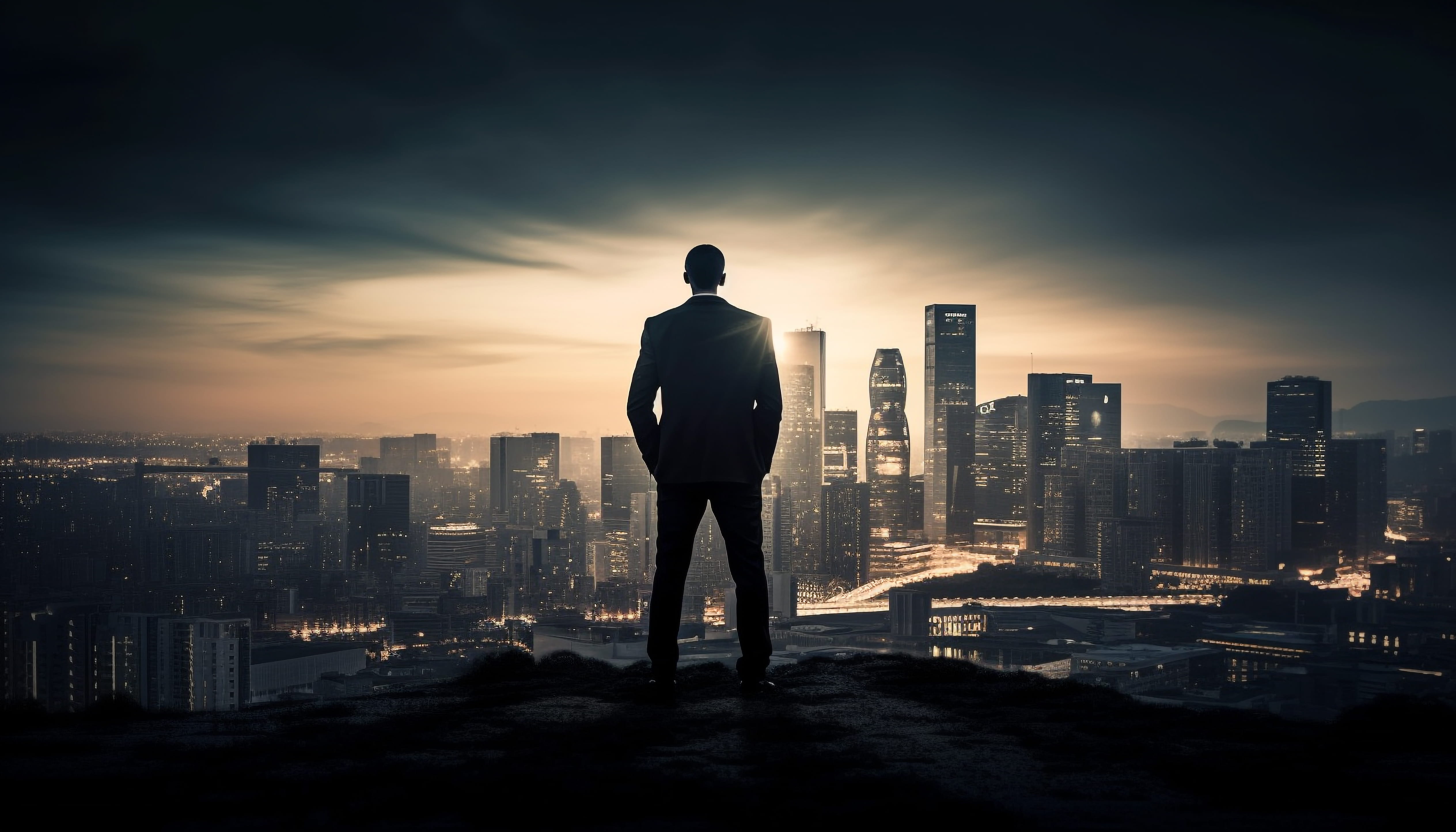 Leader overlooking a city skyline